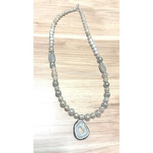Silver Beaded Necklace White Geode Druzy Pendant Rhinestone Halo Statement 21in